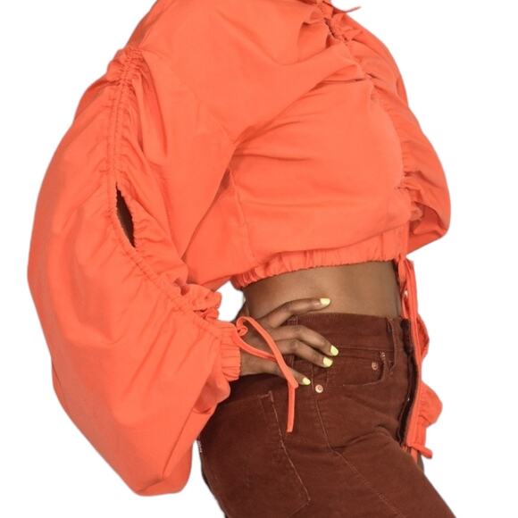 Love Highlight Bubble Sleeve Top Orange Blouse Ruched Cropped Slouchy Size Small - Picture 5 of 15
